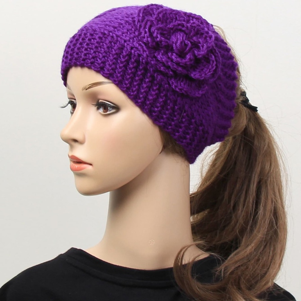 Knit Flower Ponytail Headband Hat